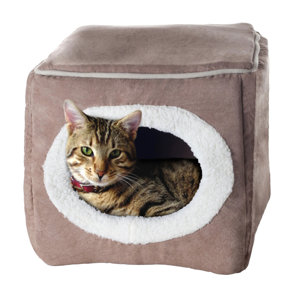 Light Brown Plush Cat House for Rabbits, Guinea Pigs, and Small Animals, Cozy Indoor Pet Hideout Bed
