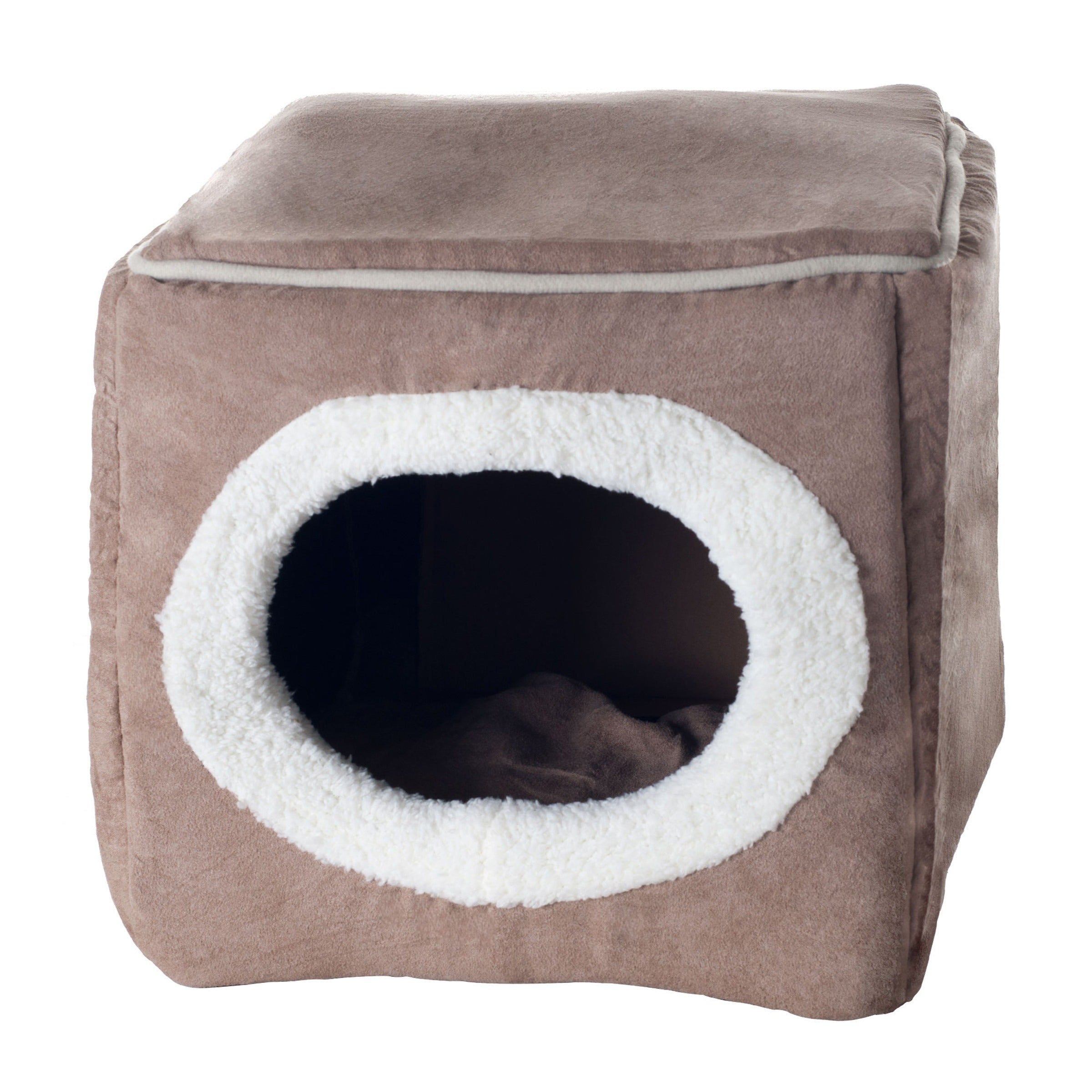 Light Brown Plush Cat House for Rabbits, Guinea Pigs, and Small Animals, Cozy Indoor Pet Hideout Bed