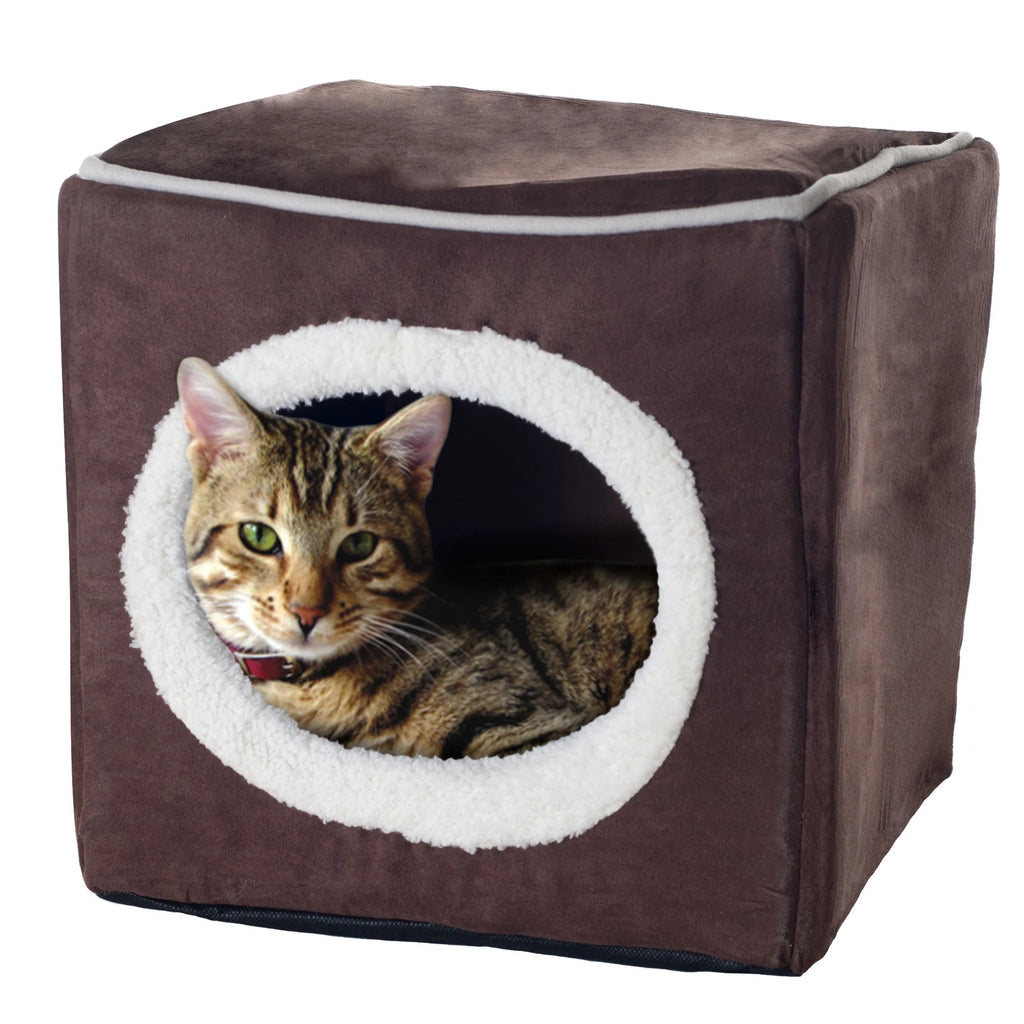 Dark Brown Plush Enclosed Cat House with Removable Cushion, Foam Pet Cave Bed for Kittens and Small Dogs up to 16lbs