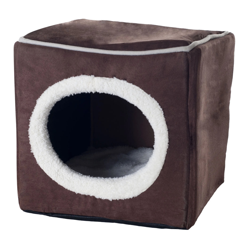 Dark Brown Plush Enclosed Cat House with Removable Cushion, Foam Pet Cave Bed for Kittens and Small Dogs up to 16lbs