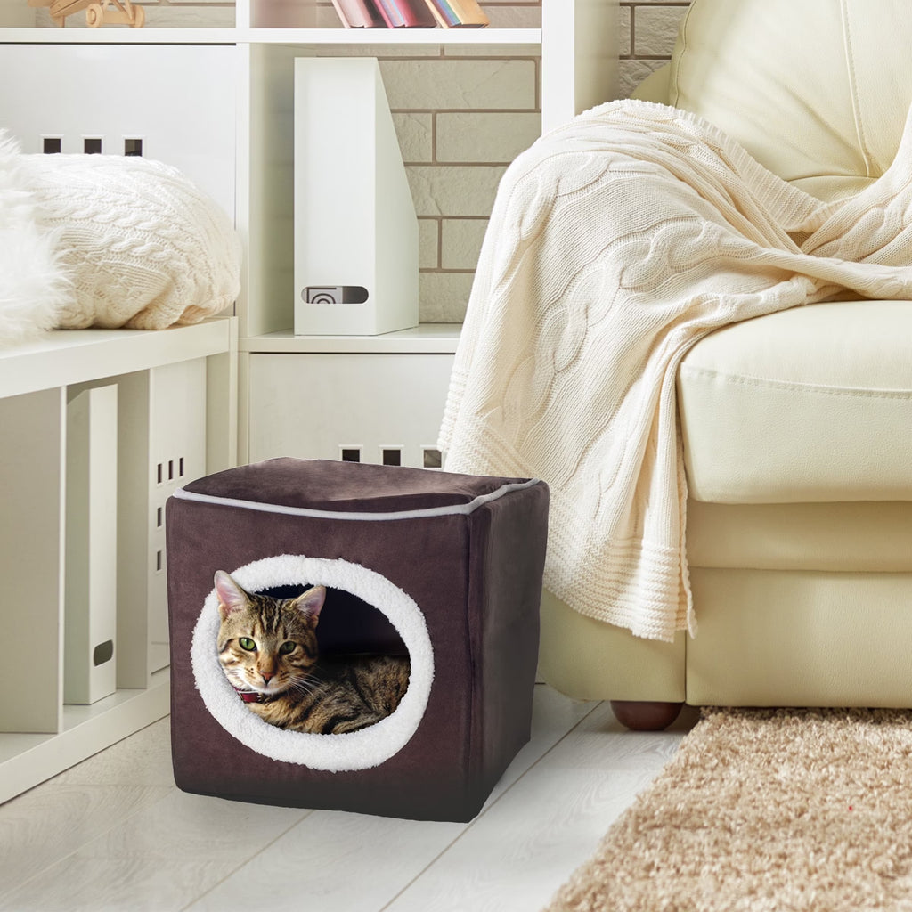 Dark Brown Plush Enclosed Cat House with Removable Cushion, Foam Pet Cave Bed for Kittens and Small Dogs up to 16lbs