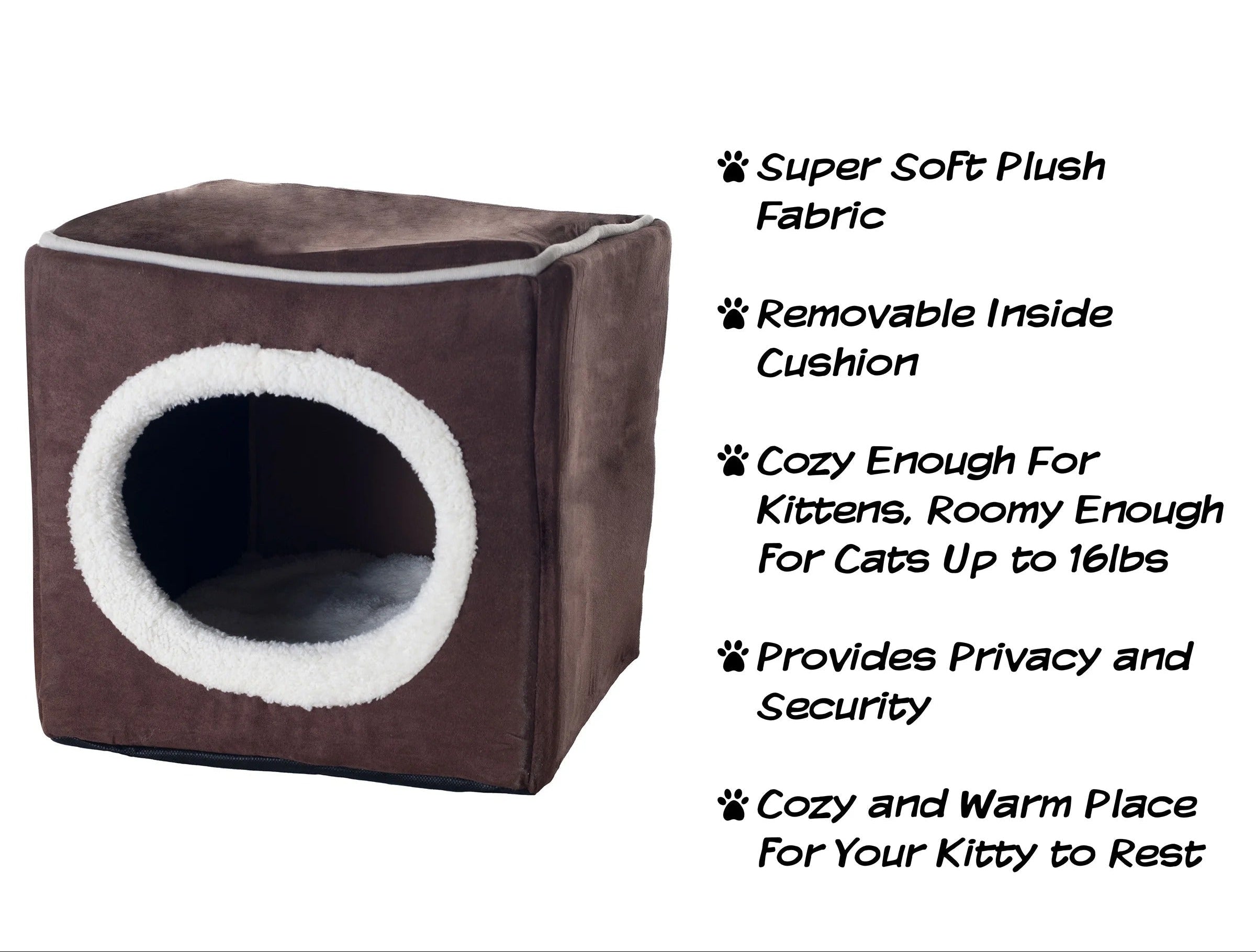 Dark Brown Plush Enclosed Cat House with Removable Cushion, Foam Pet Cave Bed for Kittens and Small Dogs up to 16lbs