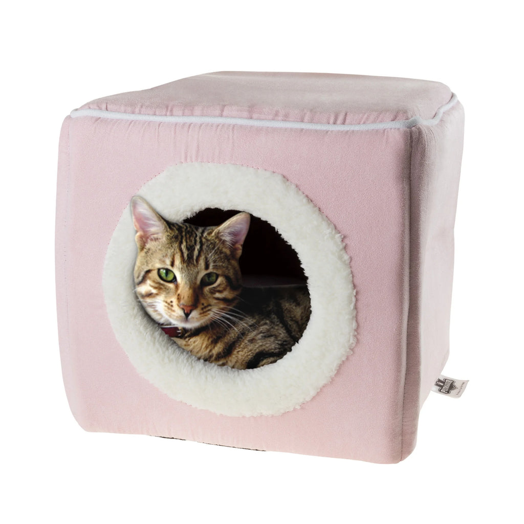 Pink Plush Cat House for Rabbits, Guinea Pigs, and Small Animals, Indoor Cozy Pet Hideout Bed with Removable Cushion