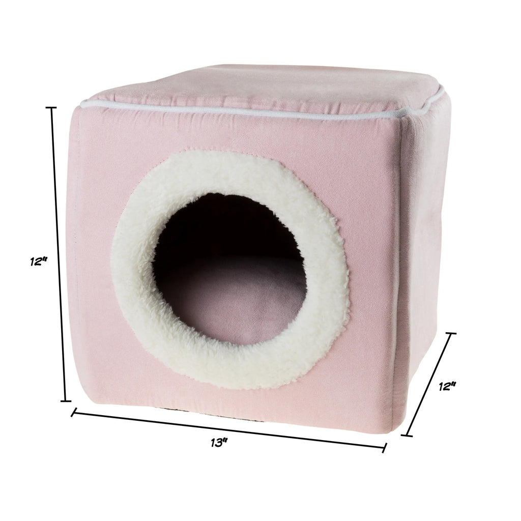 Pink Plush Cat House for Rabbits, Guinea Pigs, and Small Animals, Indoor Cozy Pet Hideout Bed with Removable Cushion