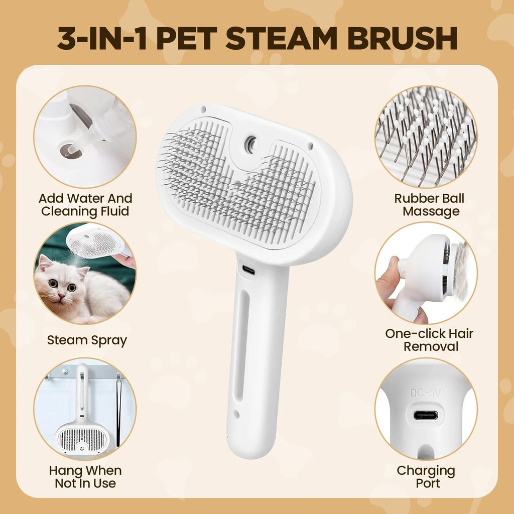 3-in-1 Cat Steam Brush for Grooming Cats & Dogs, Self-Cleaning Pet Hair Removal Comb with Mist Spray, Long and Short Hair Deshedding Tool