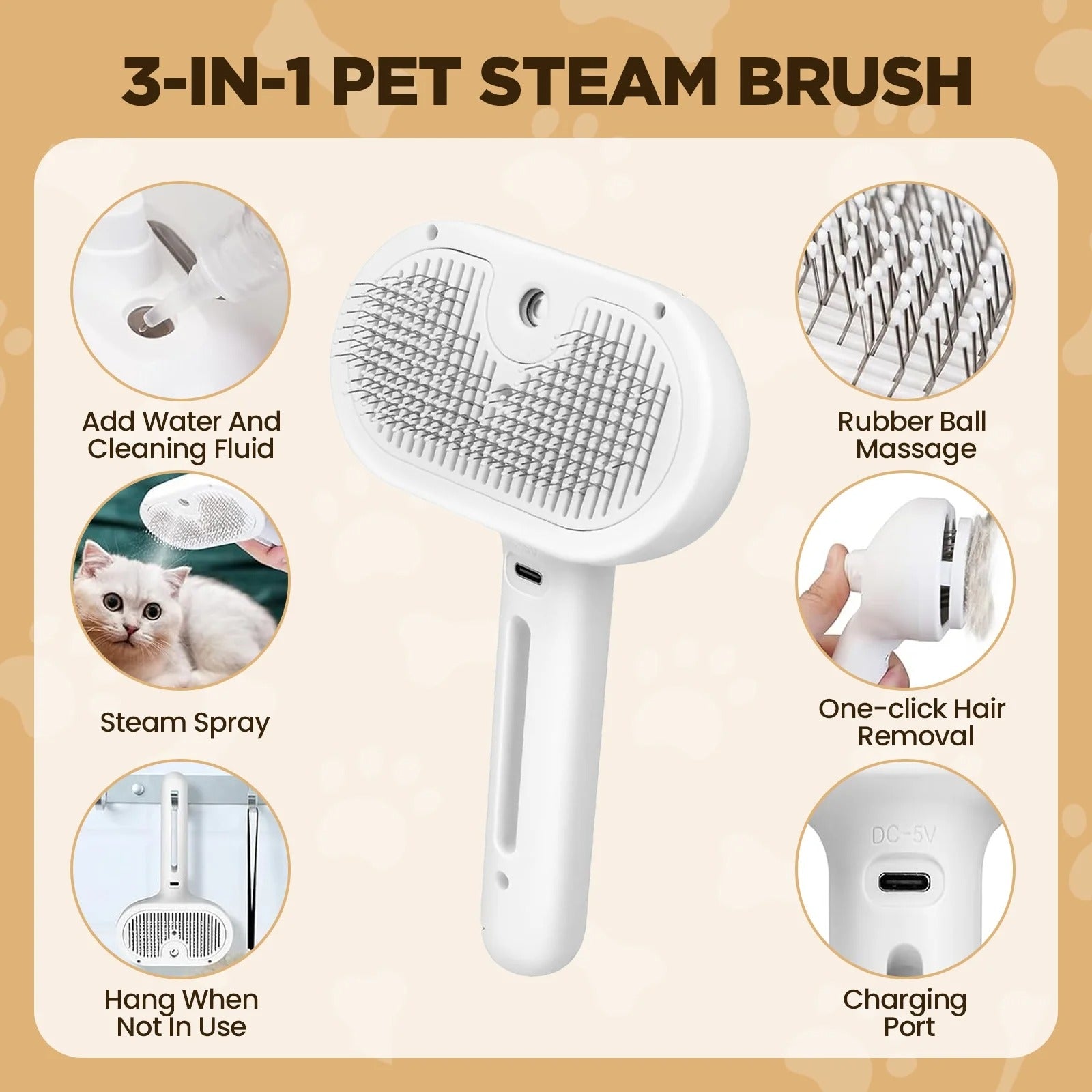 3-in-1 Cat Steam Brush for Grooming Cats & Dogs, Self-Cleaning Pet Hair Removal Comb with Mist Spray, Long and Short Hair Deshedding Tool