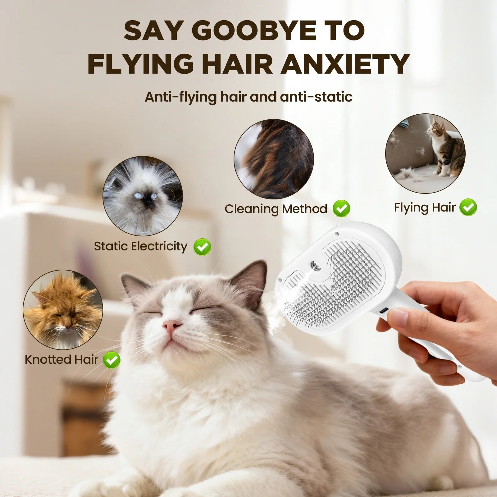 3-in-1 Cat Steam Brush for Grooming Cats & Dogs, Self-Cleaning Pet Hair Removal Comb with Mist Spray, Long and Short Hair Deshedding Tool