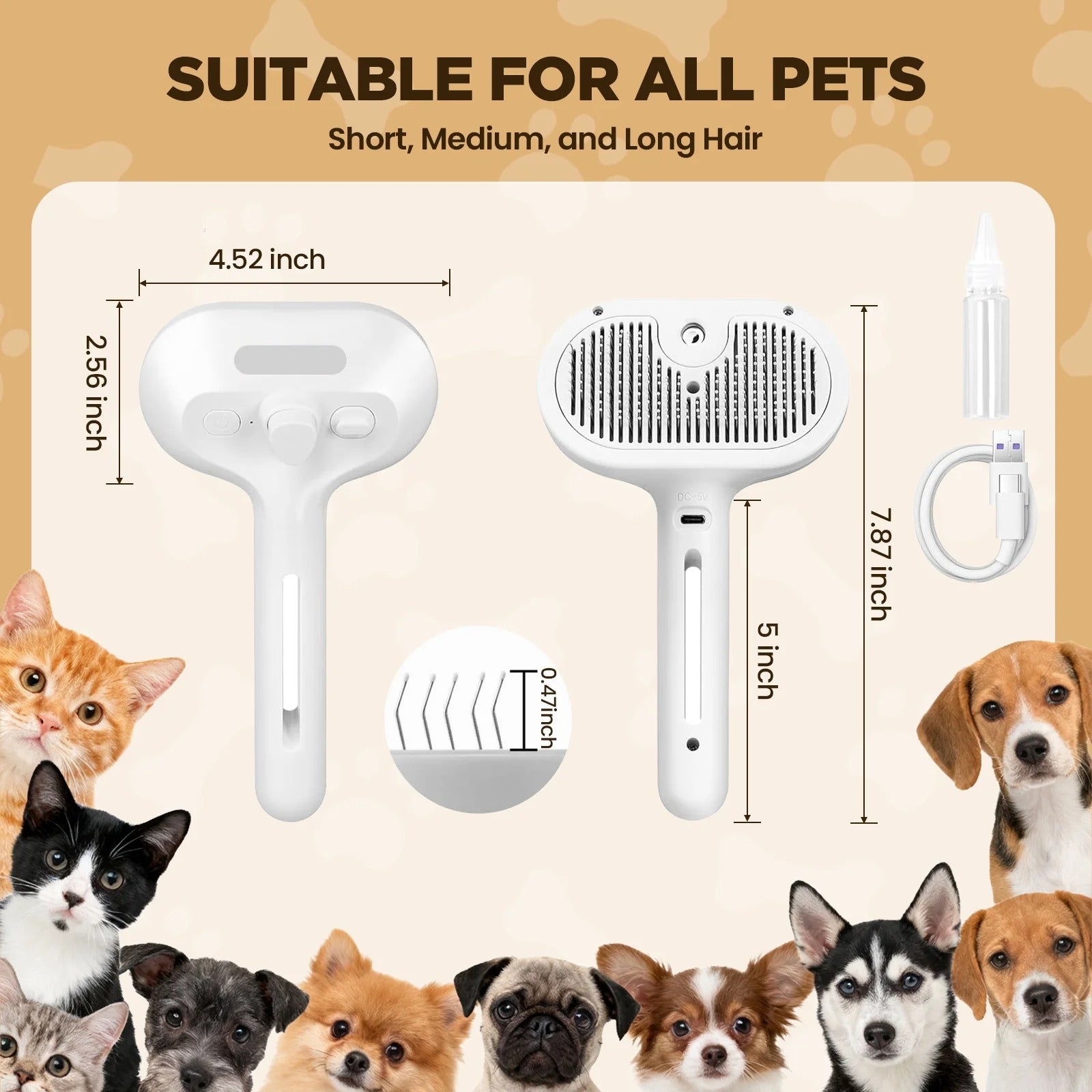 3-in-1 Cat Steam Brush for Grooming Cats & Dogs, Self-Cleaning Pet Hair Removal Comb with Mist Spray, Long and Short Hair Deshedding Tool