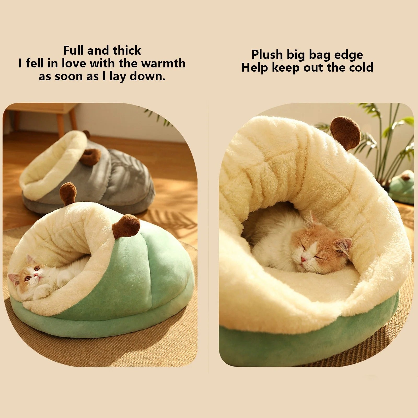 Indoor Cat Cave Bed for Medium and Large Cats, Soft Plush Cushion Cozy Self-Warming Pet Bed for Cats up to 7.5Kg - Green