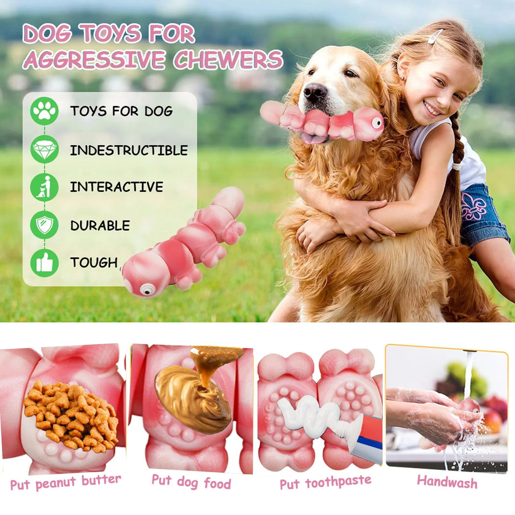 Flesh Red Caterpillar-Shaped Dog Chew Toy for Aggressive Chewers, Long-Lasting Durable Chew Toy for Large and Medium Dogs, Indestructible Tough Dog Toy