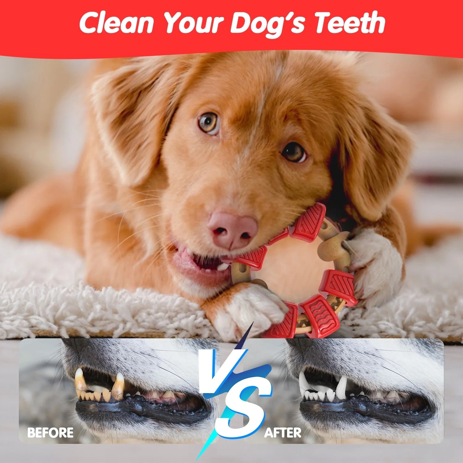 Red Ring-Shaped Dog Chew Toy for Aggressive Chewers, Durable Interactive Chew Toy for Medium and Large Breeds, Stress-Relief Dog Toy