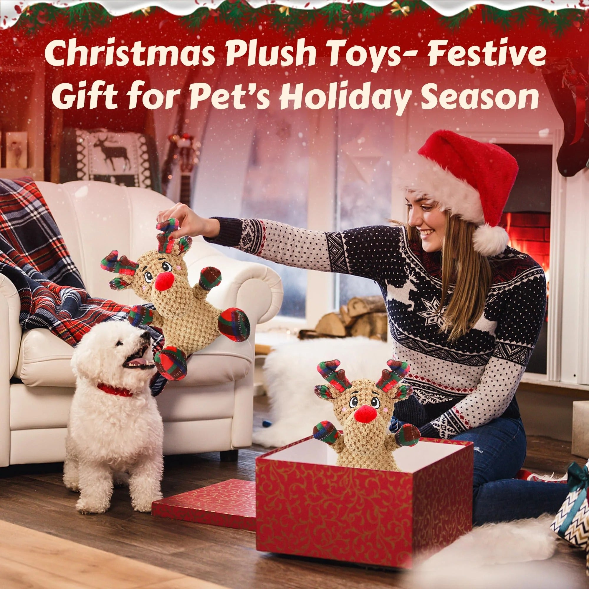 Red Plush Squeaky Dog Toy with Crinkle Paper, Interactive Chew Toy for Puppies, Small, Medium Dogs, Holiday and Training Fun Pet Toy