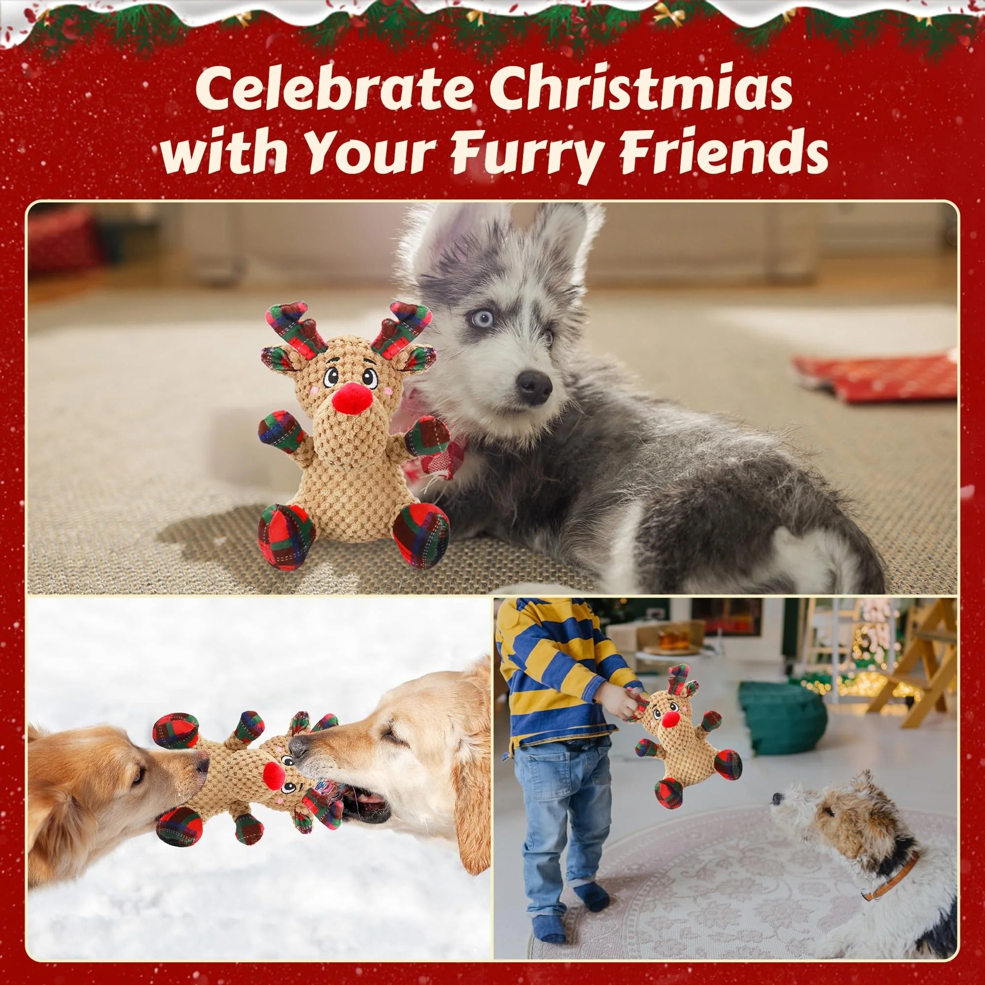 Red Plush Squeaky Dog Toy with Crinkle Paper, Interactive Chew Toy for Puppies, Small, Medium Dogs, Holiday and Training Fun Pet Toy