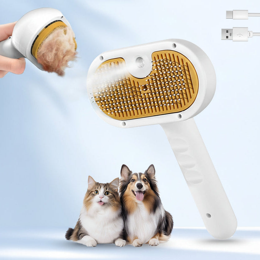 Silver 3-in-1 Steam Grooming Brush for Dogs & Cats, Self-Cleaning Hair Removal Comb with Mist Spray, Waterless Shampoo Included, Long-Haired Pet Grooming Tool