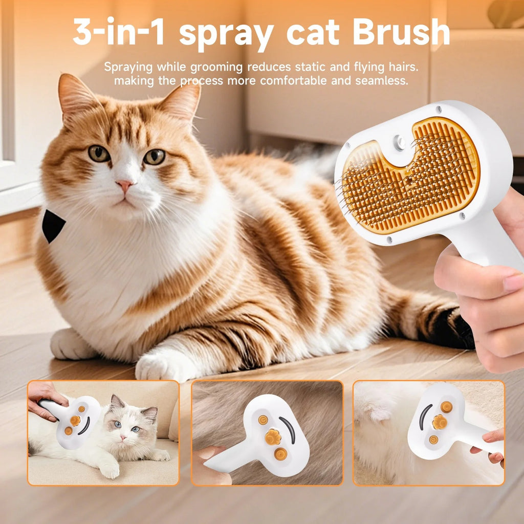 Silver 3-in-1 Steam Grooming Brush for Dogs & Cats, Self-Cleaning Hair Removal Comb with Mist Spray, Waterless Shampoo Included, Long-Haired Pet Grooming Tool