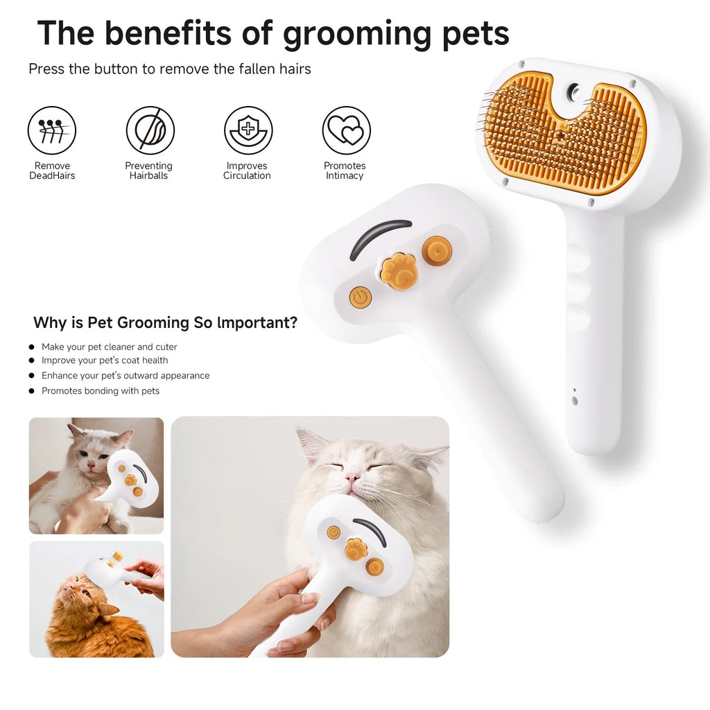 Silver 3-in-1 Steam Grooming Brush for Dogs & Cats, Self-Cleaning Hair Removal Comb with Mist Spray, Waterless Shampoo Included, Long-Haired Pet Grooming Tool