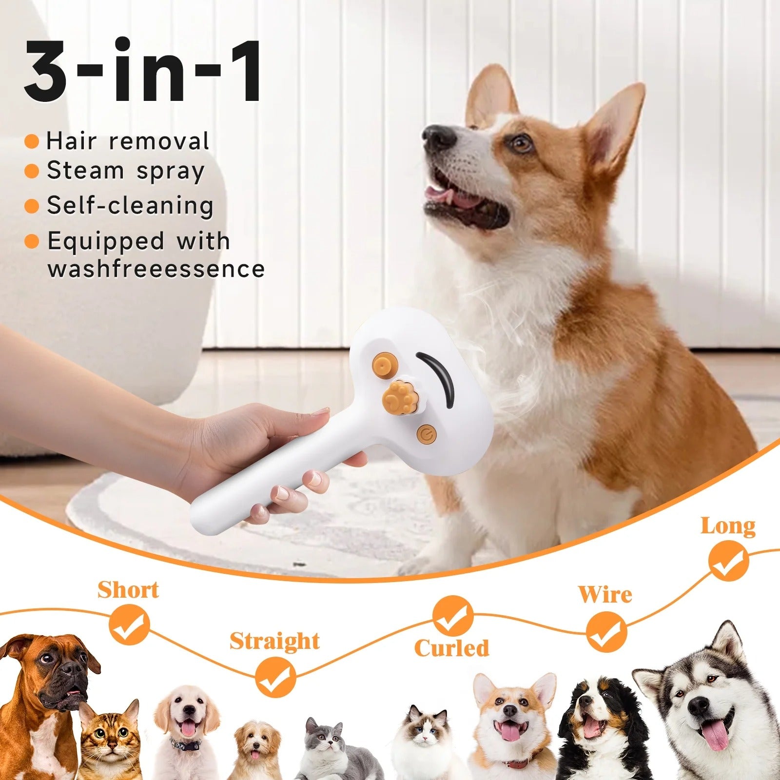 Silver 3-in-1 Steam Grooming Brush for Dogs & Cats, Self-Cleaning Hair Removal Comb with Mist Spray, Waterless Shampoo Included, Long-Haired Pet Grooming Tool