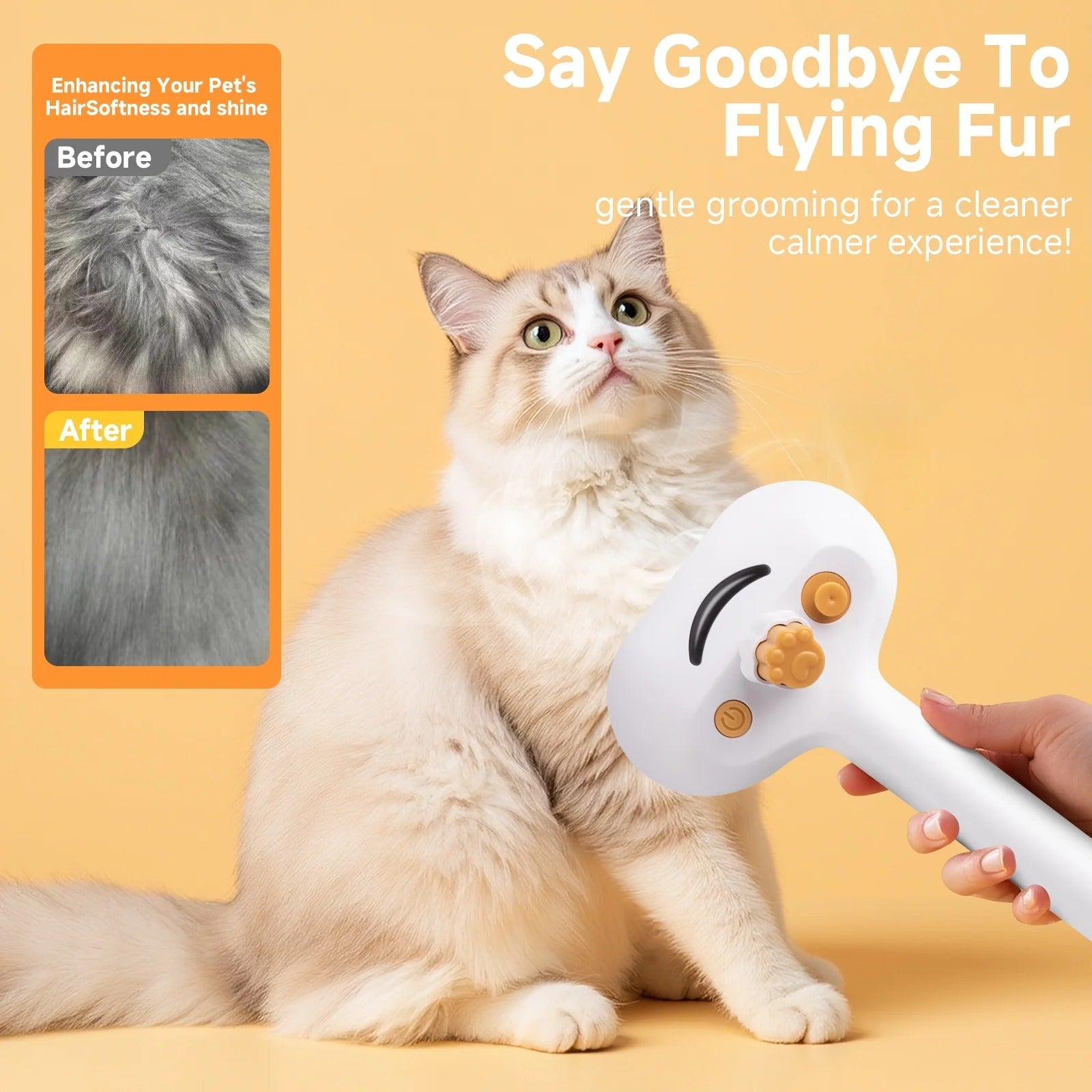 Silver 3-in-1 Steam Grooming Brush for Dogs & Cats, Self-Cleaning Hair Removal Comb with Mist Spray, Waterless Shampoo Included, Long-Haired Pet Grooming Tool