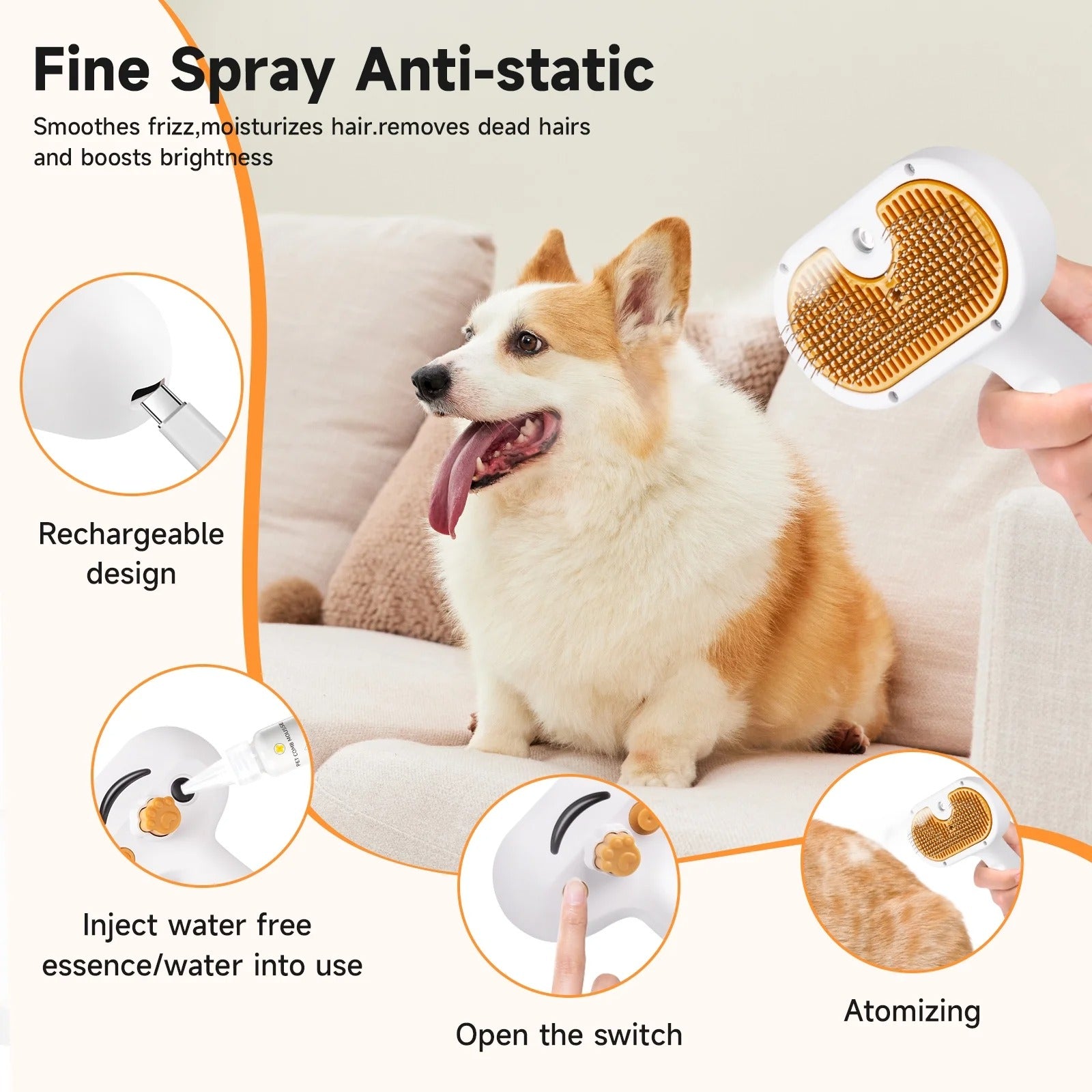 Silver 3-in-1 Steam Grooming Brush for Dogs & Cats, Self-Cleaning Hair Removal Comb with Mist Spray, Waterless Shampoo Included, Long-Haired Pet Grooming Tool