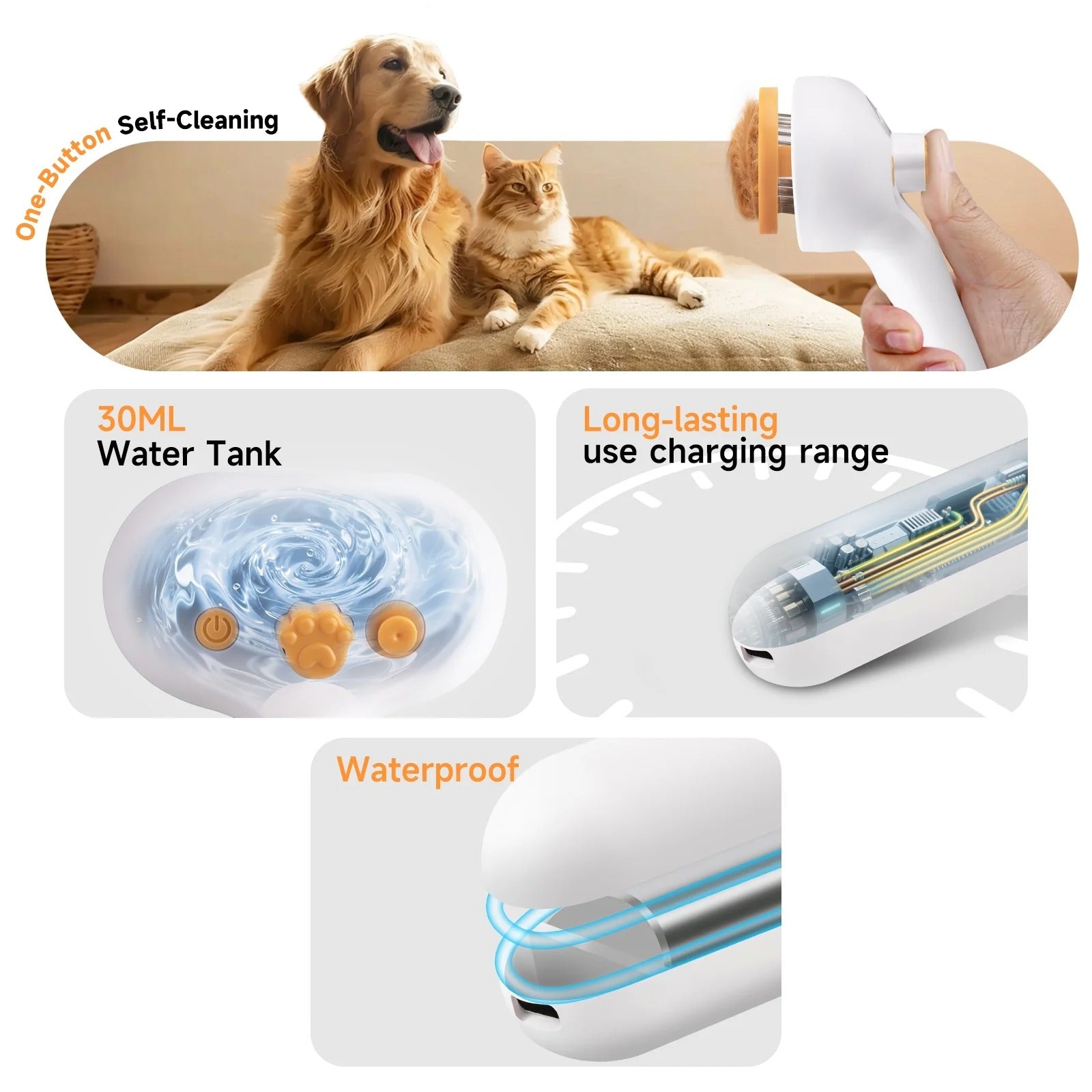 Silver 3-in-1 Steam Grooming Brush for Dogs & Cats, Self-Cleaning Hair Removal Comb with Mist Spray, Waterless Shampoo Included, Long-Haired Pet Grooming Tool