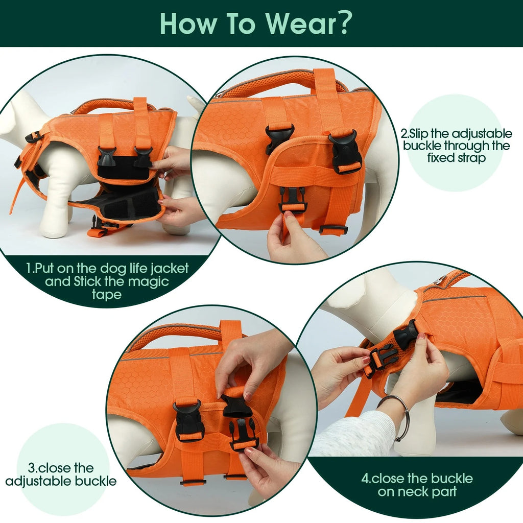 Yellow Adjustable Reflective Dog Life Jacket for Small, Medium & Large Breeds, Floating Safety Vest with Rescue Handle and Leash Hook