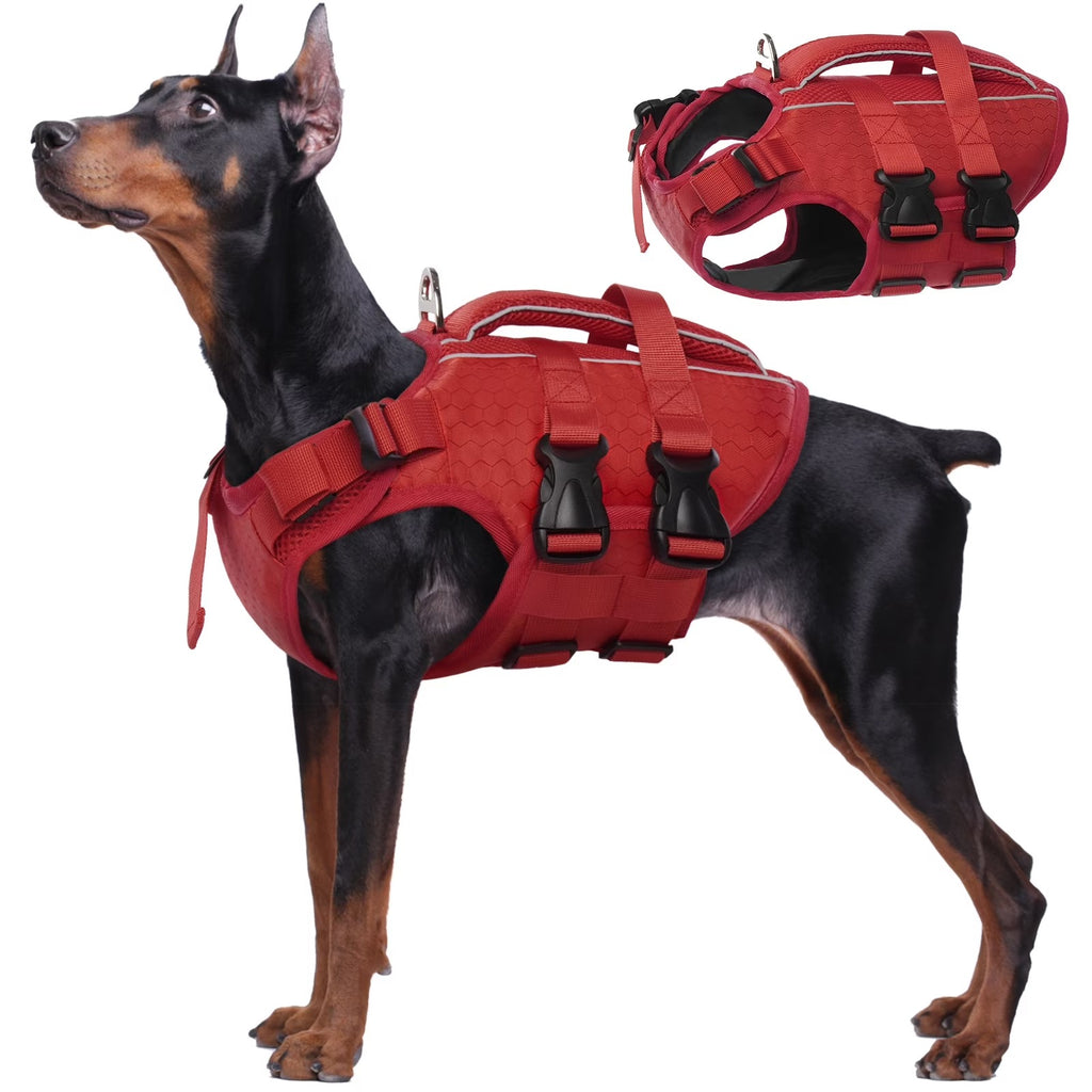 Red XL Reflective Adjustable Dog Life Jacket for Small, Medium & Large Breeds, Floating Safety Vest with Rescue Handle and Leash Hook