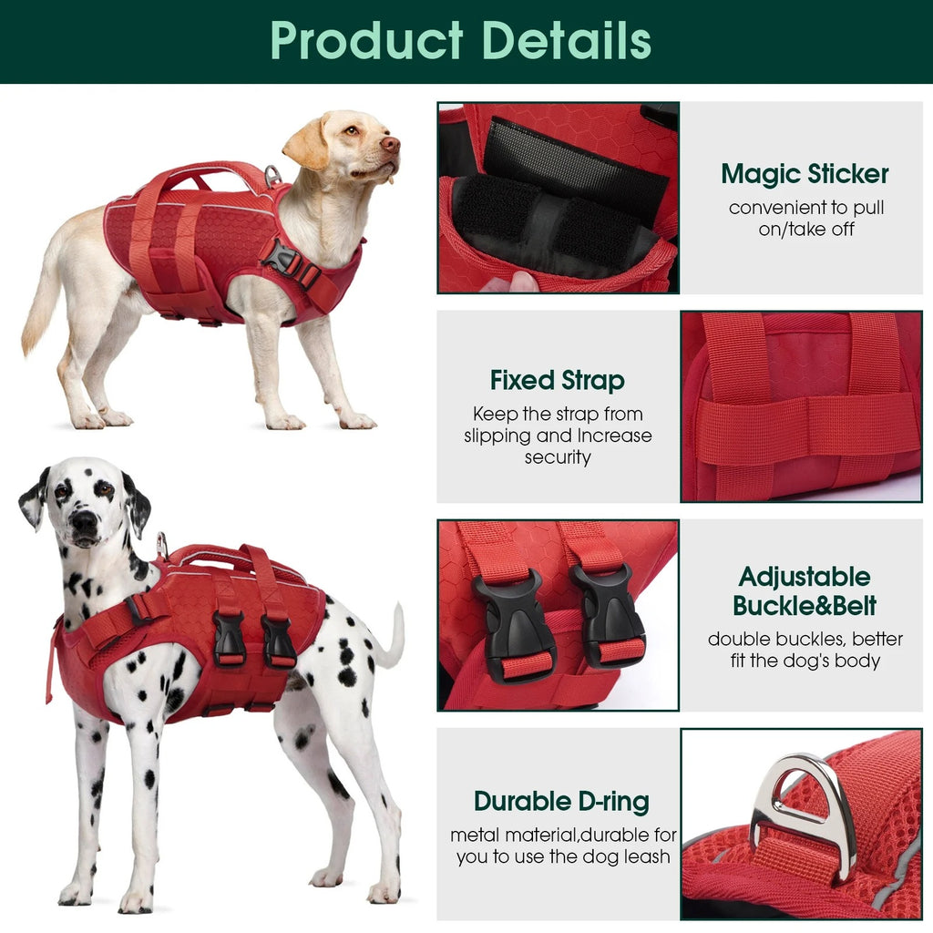 Red XL Reflective Adjustable Dog Life Jacket for Small, Medium & Large Breeds, Floating Safety Vest with Rescue Handle and Leash Hook