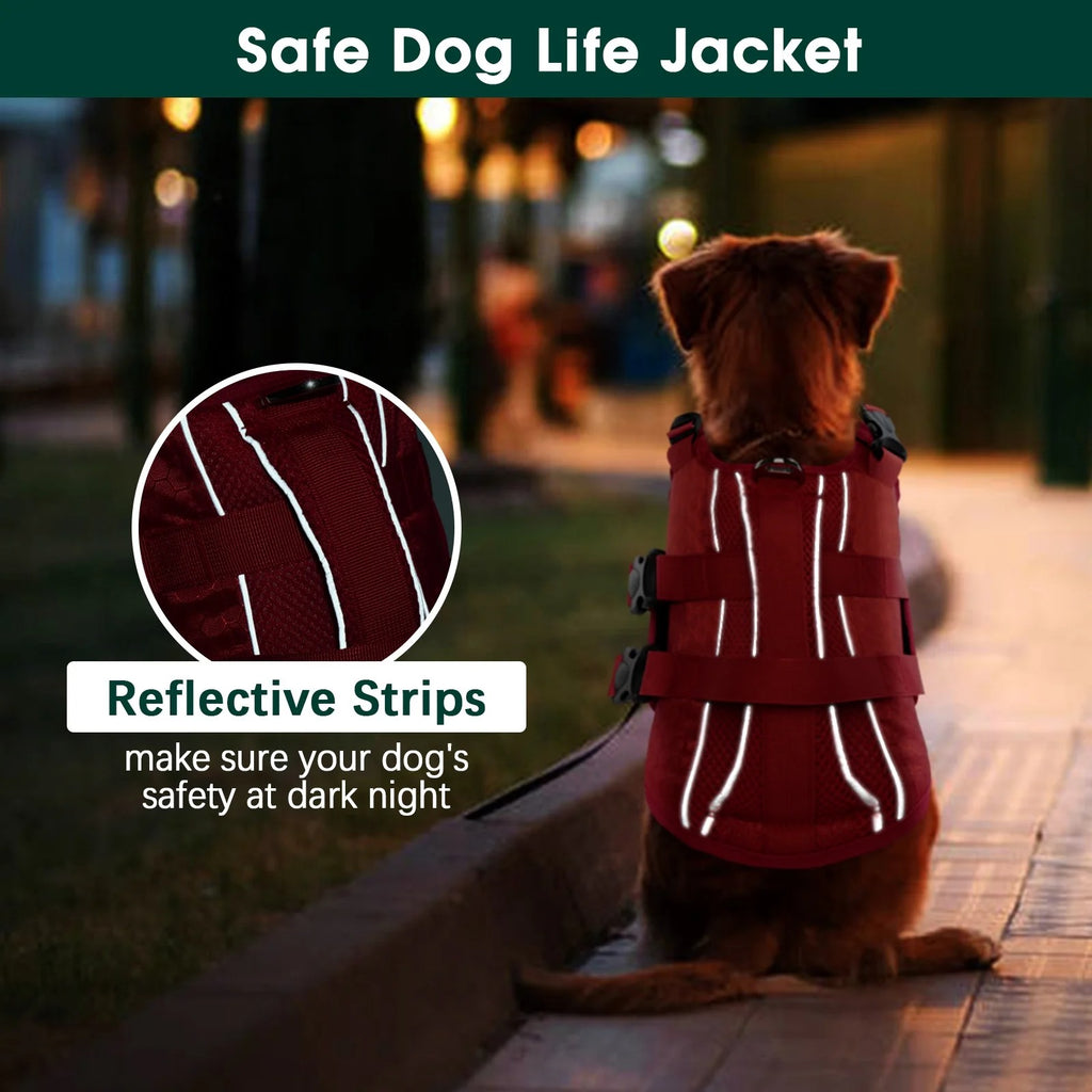 Red XL Reflective Adjustable Dog Life Jacket for Small, Medium & Large Breeds, Floating Safety Vest with Rescue Handle and Leash Hook