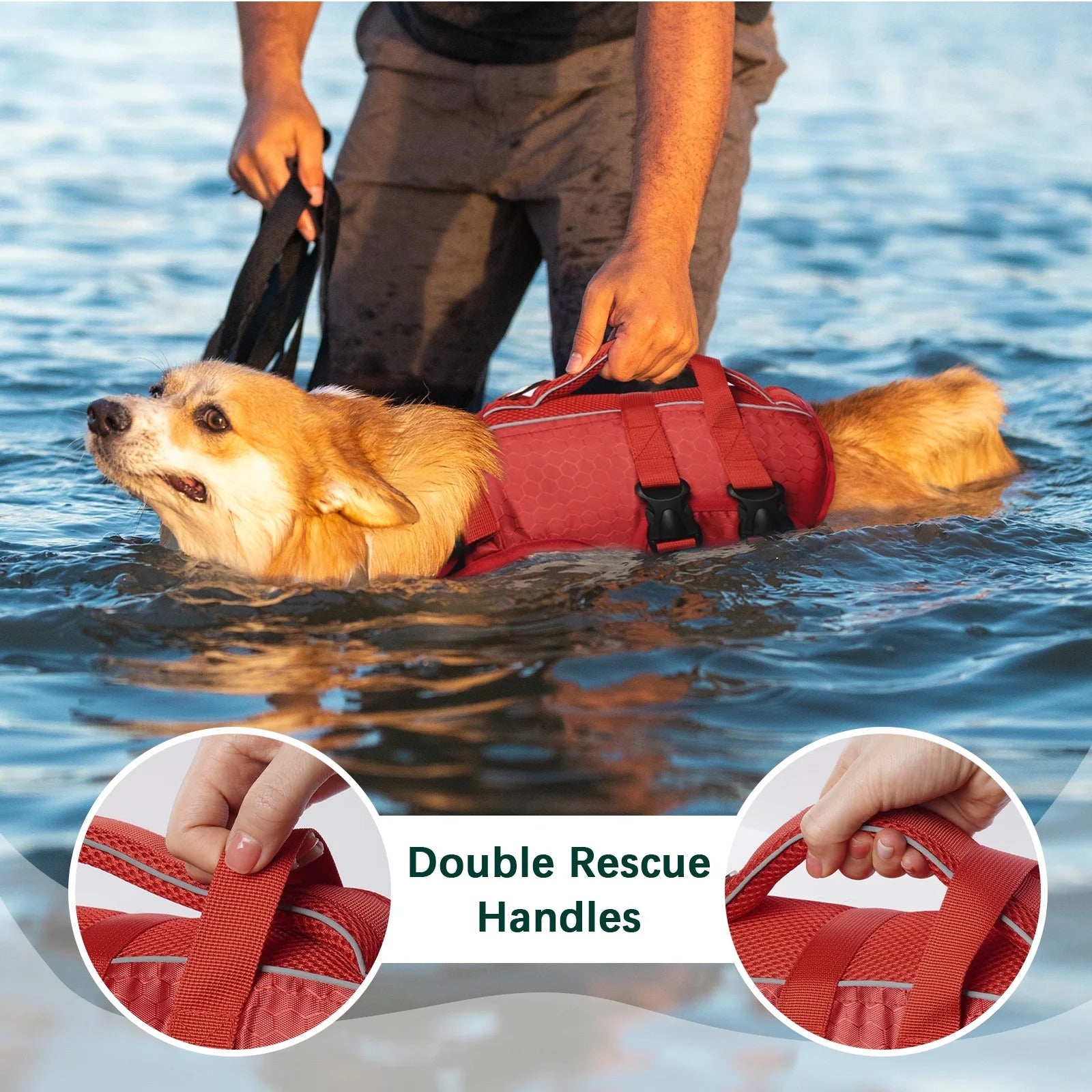 Red XL Reflective Adjustable Dog Life Jacket for Small, Medium & Large Breeds, Floating Safety Vest with Rescue Handle and Leash Hook