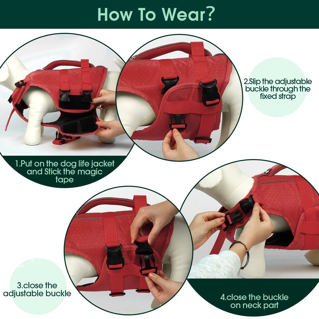 Red XL Reflective Adjustable Dog Life Jacket for Small, Medium & Large Breeds, Floating Safety Vest with Rescue Handle and Leash Hook