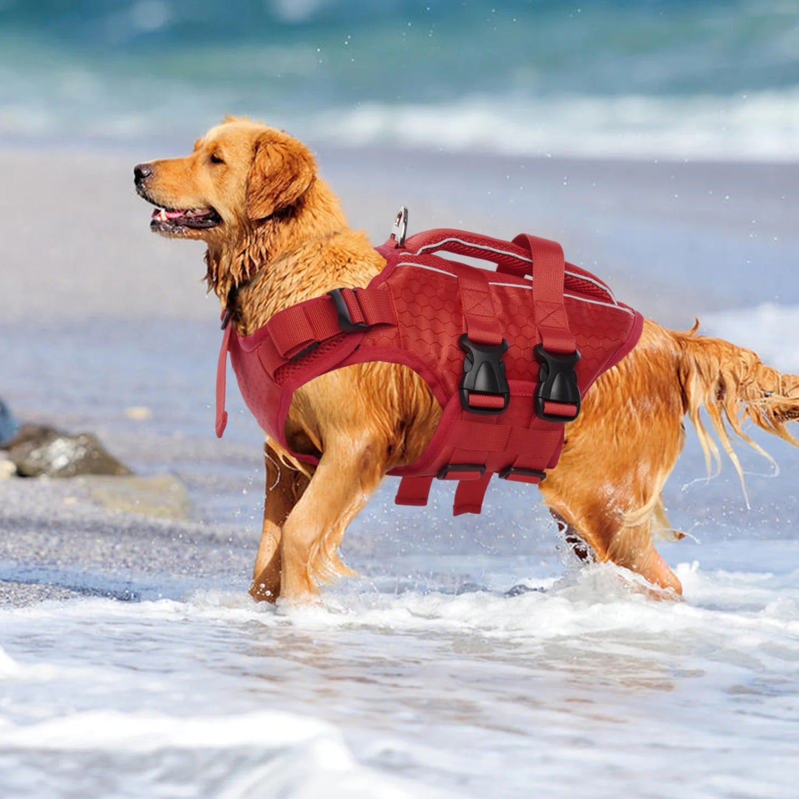 Red XL Reflective Adjustable Dog Life Jacket for Small, Medium & Large Breeds, Floating Safety Vest with Rescue Handle and Leash Hook