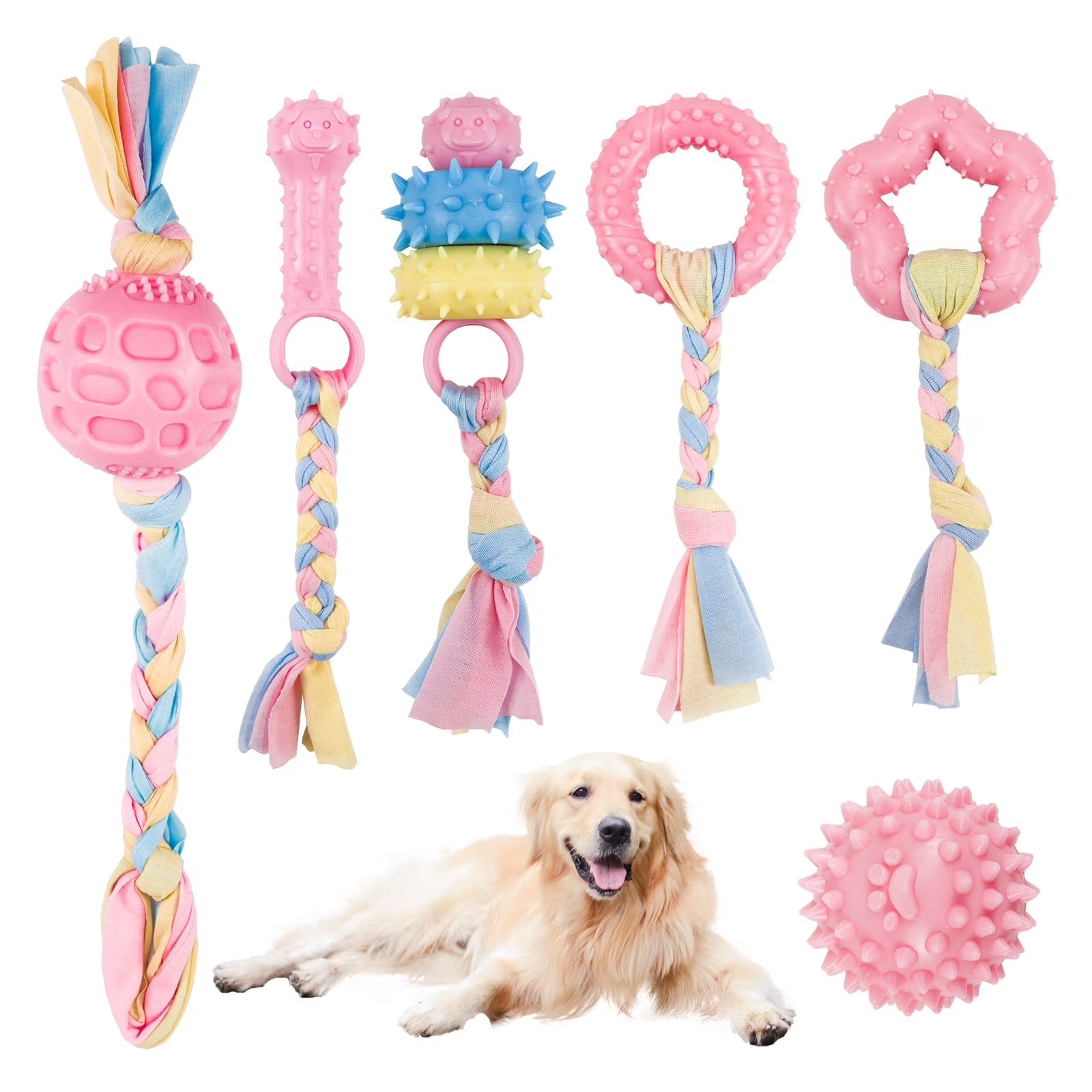 6 Pcs Small Dog Chew Toys Set, Colorful Rope and Rubber Puppy Teething Toys, Interactive Teeth Cleaning and Safe Play Toys for Puppies