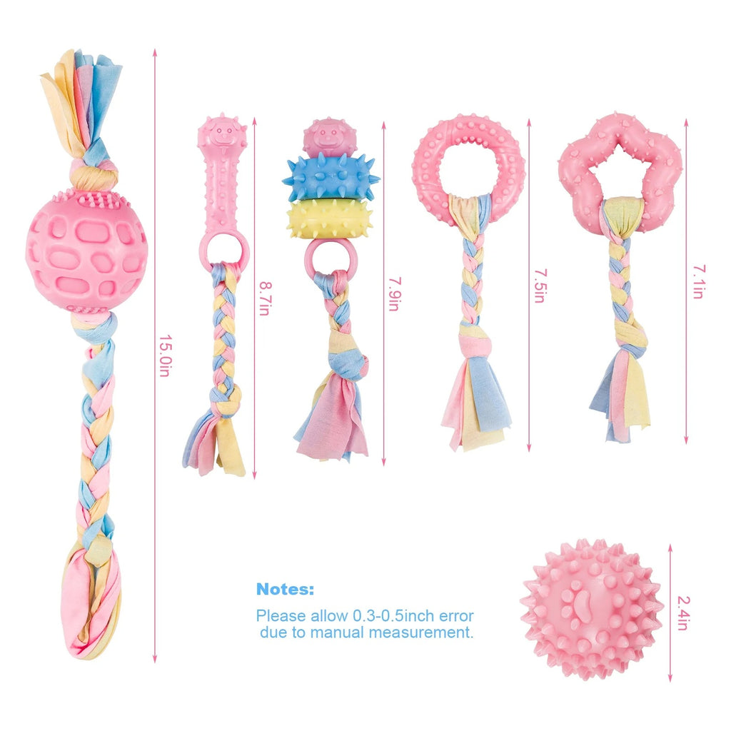 6 Pcs Small Dog Chew Toys Set, Colorful Rope and Rubber Puppy Teething Toys, Interactive Teeth Cleaning and Safe Play Toys for Puppies