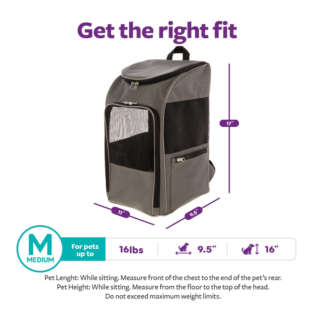 Gray Medium Cat & Dog Travel Backpack Carrier, Soft-Sided Pet Carrier for Small Dogs and Cats, Up to 16 lb, Breathable Mesh and Comfortable Padding