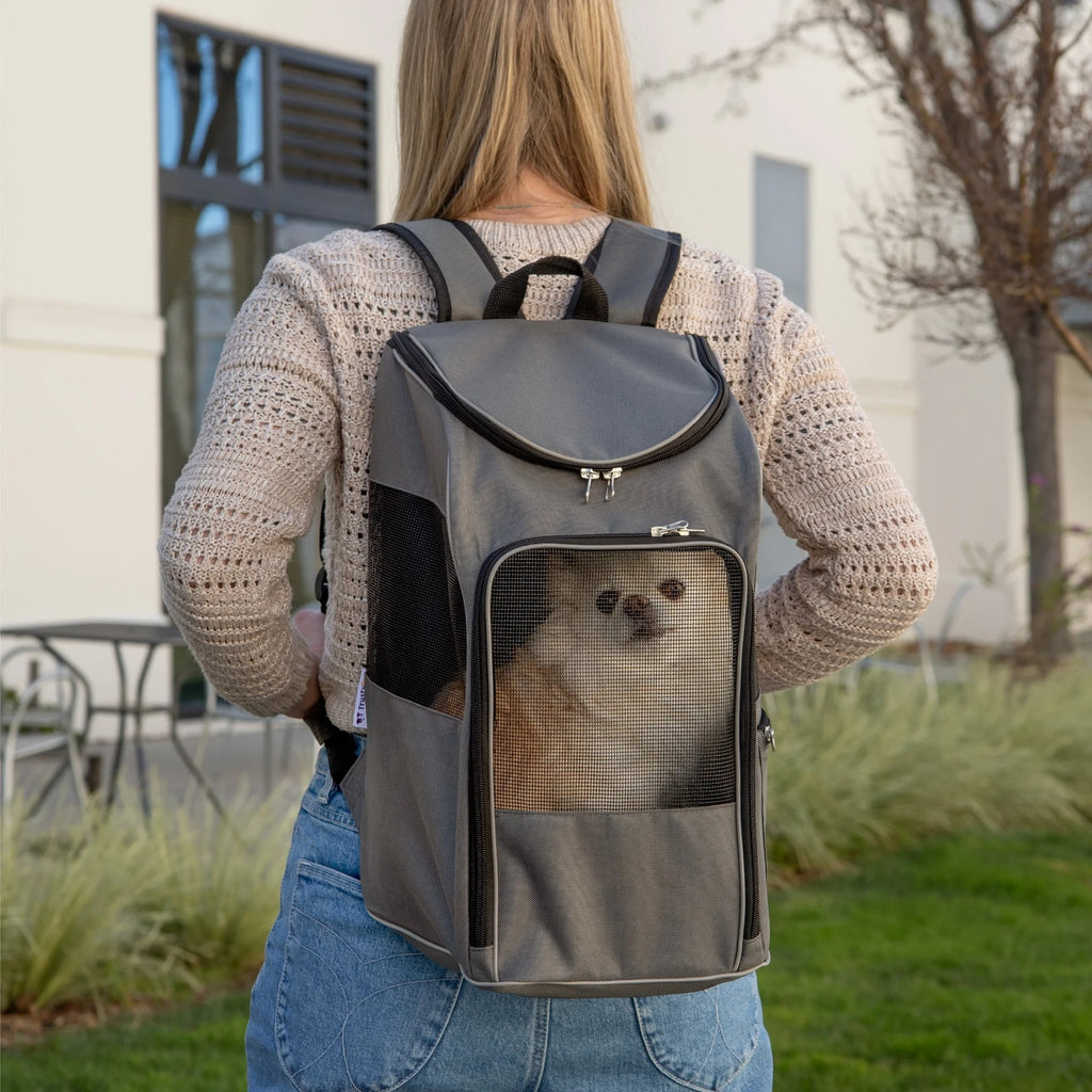 Gray Medium Cat & Dog Travel Backpack Carrier, Soft-Sided Pet Carrier for Small Dogs and Cats, Up to 16 lb, Breathable Mesh and Comfortable Padding