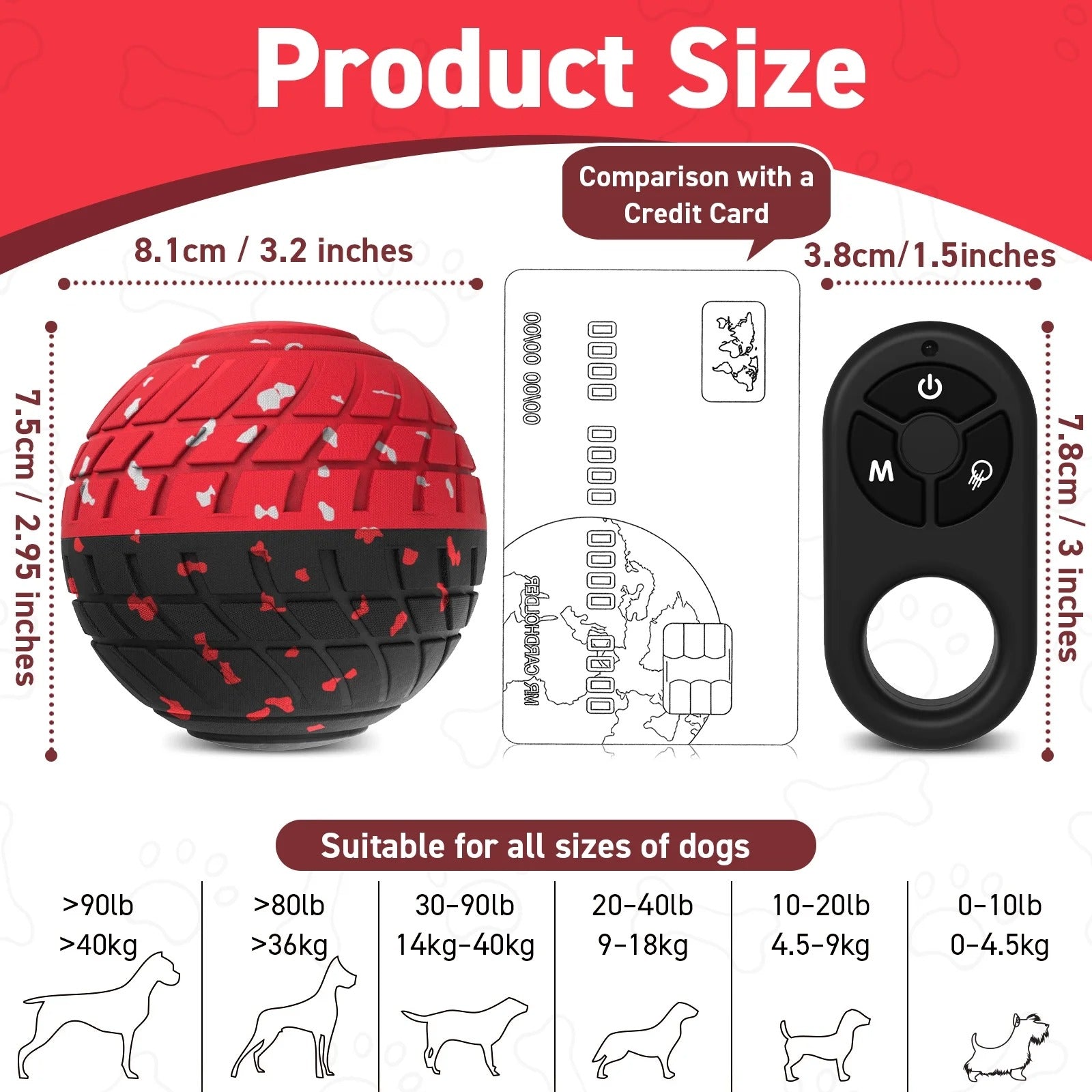 Interactive Smart Dog Toy Ball with Remote Control, Electric Self-Moving Rolling and Bouncing Dog Toy for Small Medium Large Dogs, E-TPU Waterproof, Red & Black