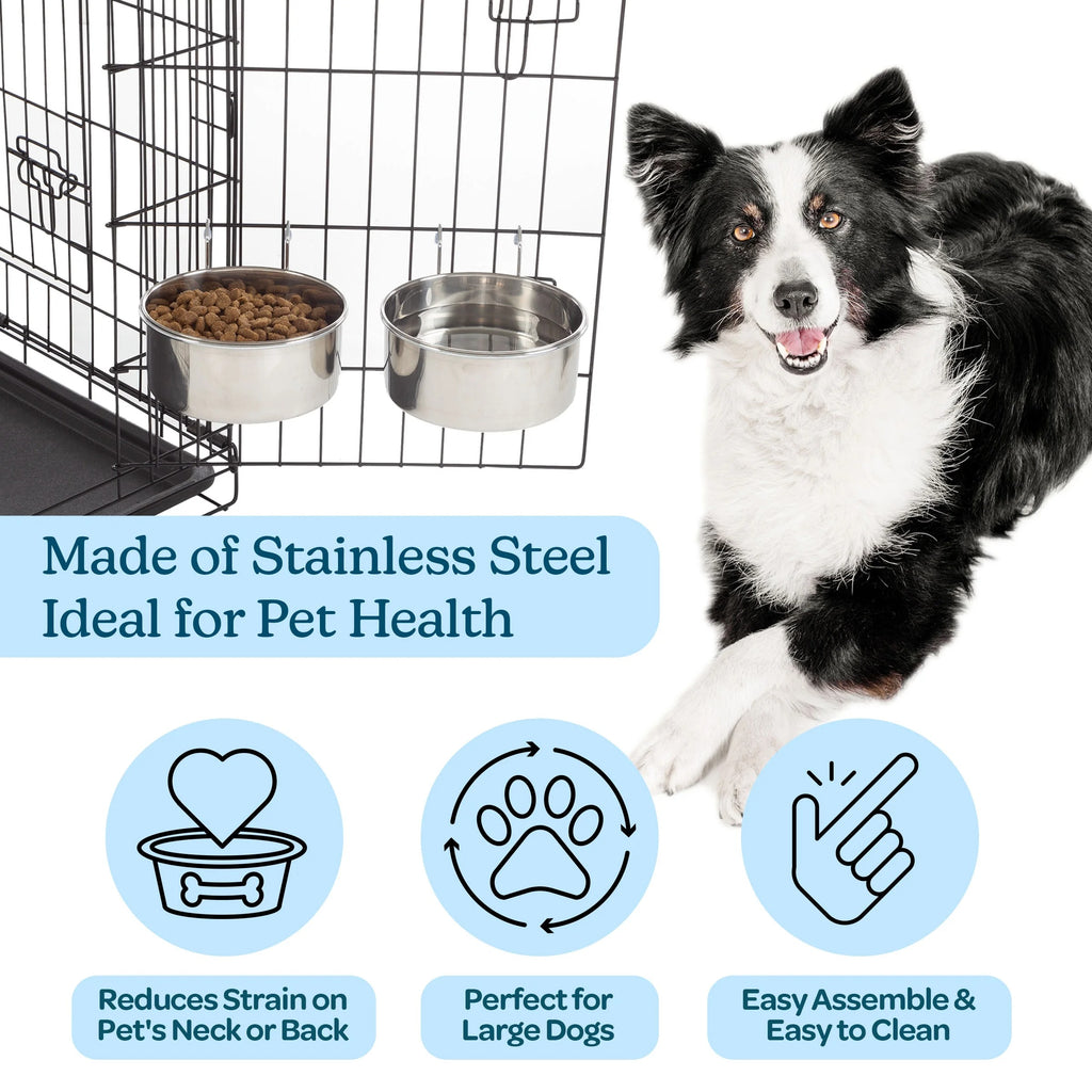 Set of 2 Stainless-Steel Hanging Dog Bowls with Elevated Stand, 50.4oz Each, Durable No-Spill Pet Feeding Bowls for Dogs, Cats, and Small Animals