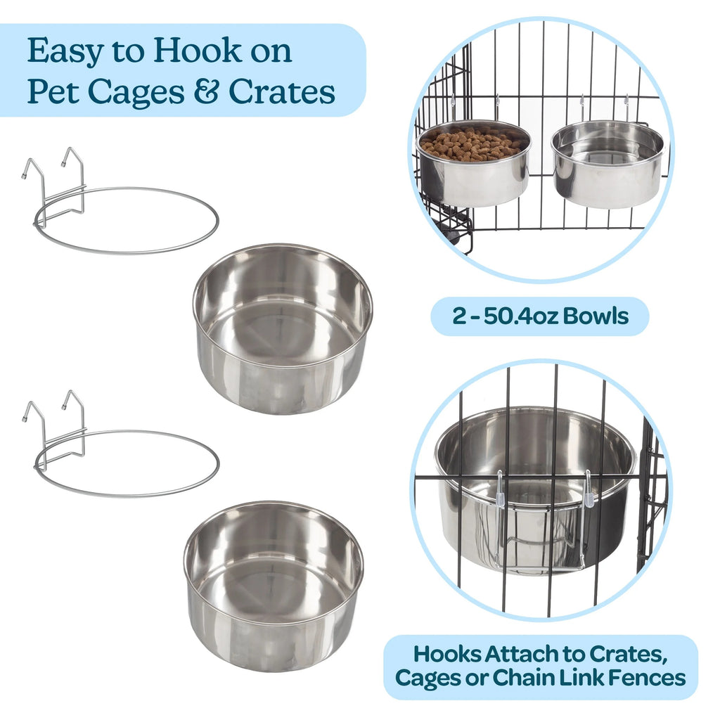 Set of 2 Stainless-Steel Hanging Dog Bowls with Elevated Stand, 50.4oz Each, Durable No-Spill Pet Feeding Bowls for Dogs, Cats, and Small Animals