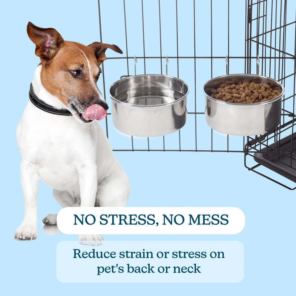 Set of 2 Stainless-Steel Hanging Dog Bowls with Elevated Stand, 50.4oz Each, Durable No-Spill Pet Feeding Bowls for Dogs, Cats, and Small Animals