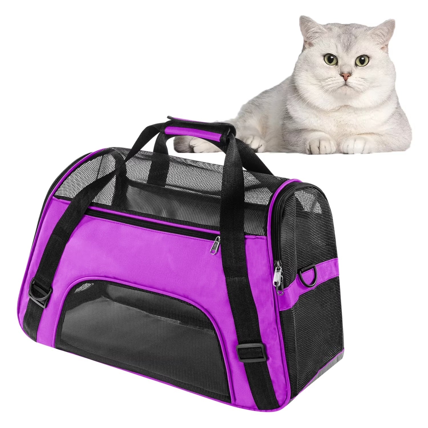 Purple Airline Approved Soft-Sided Pet Carrier for Cats and Small Dogs, Breathable Mesh Travel Carrier for Cabin Flights