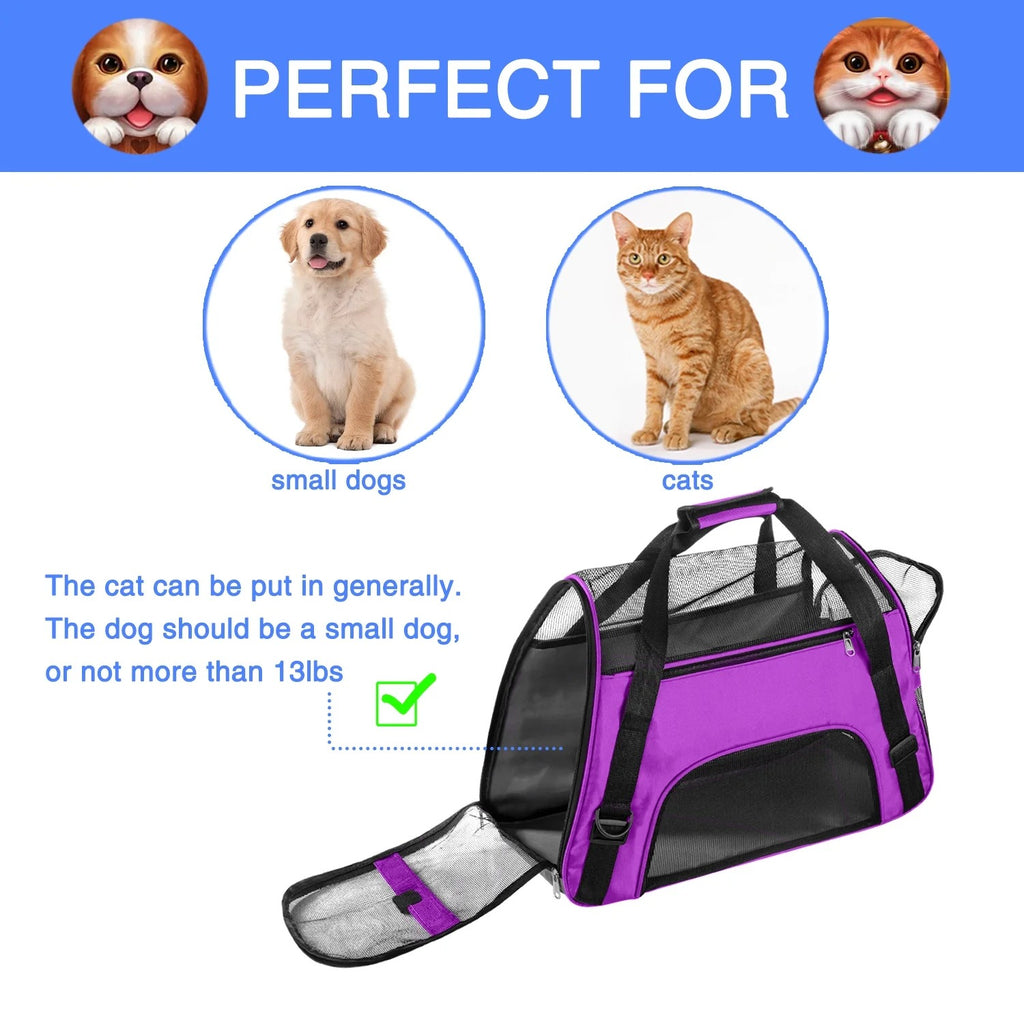 Purple Airline Approved Soft-Sided Pet Carrier for Cats and Small Dogs, Breathable Mesh Travel Carrier for Cabin Flights