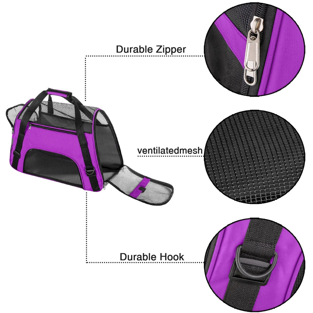 Purple Airline Approved Soft-Sided Pet Carrier for Cats and Small Dogs, Breathable Mesh Travel Carrier for Cabin Flights