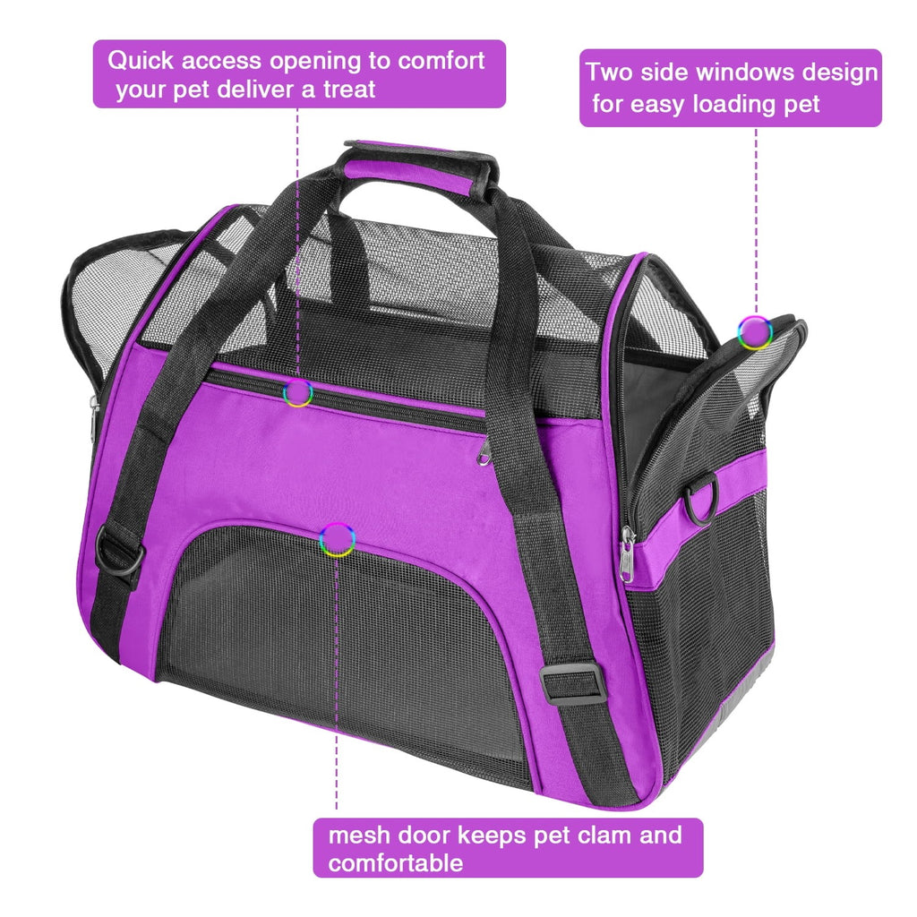 Purple Airline Approved Soft-Sided Pet Carrier for Cats and Small Dogs, Breathable Mesh Travel Carrier for Cabin Flights