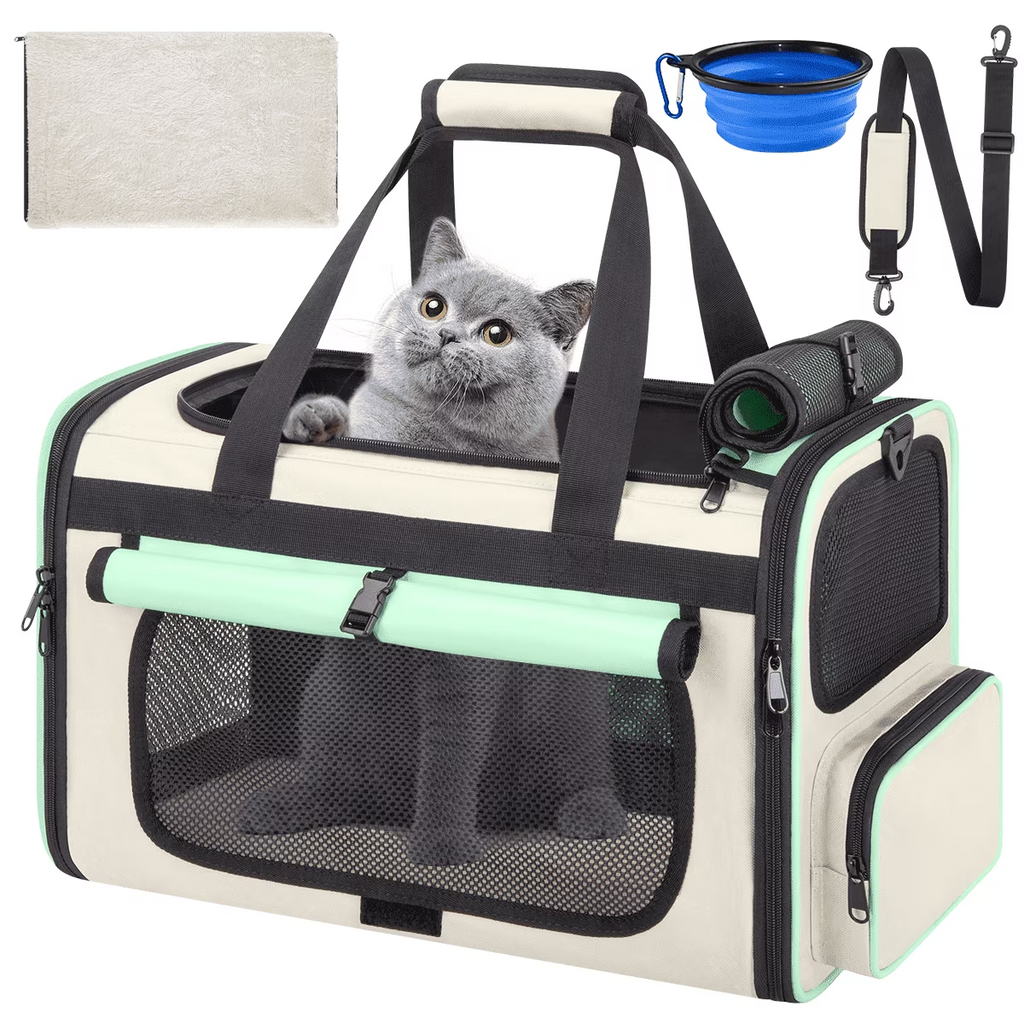 Green Collapsible Airline Approved Cat Carrier for Large Cats and Small Dogs, Soft-Sided Travel Carrier with Breathable Mesh Design