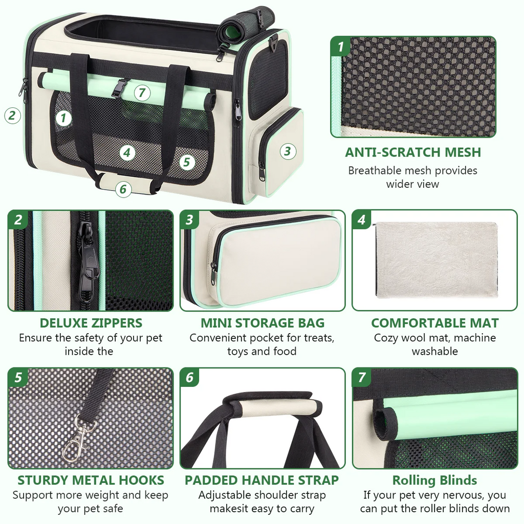 Green Collapsible Airline Approved Cat Carrier for Large Cats and Small Dogs, Soft-Sided Travel Carrier with Breathable Mesh Design