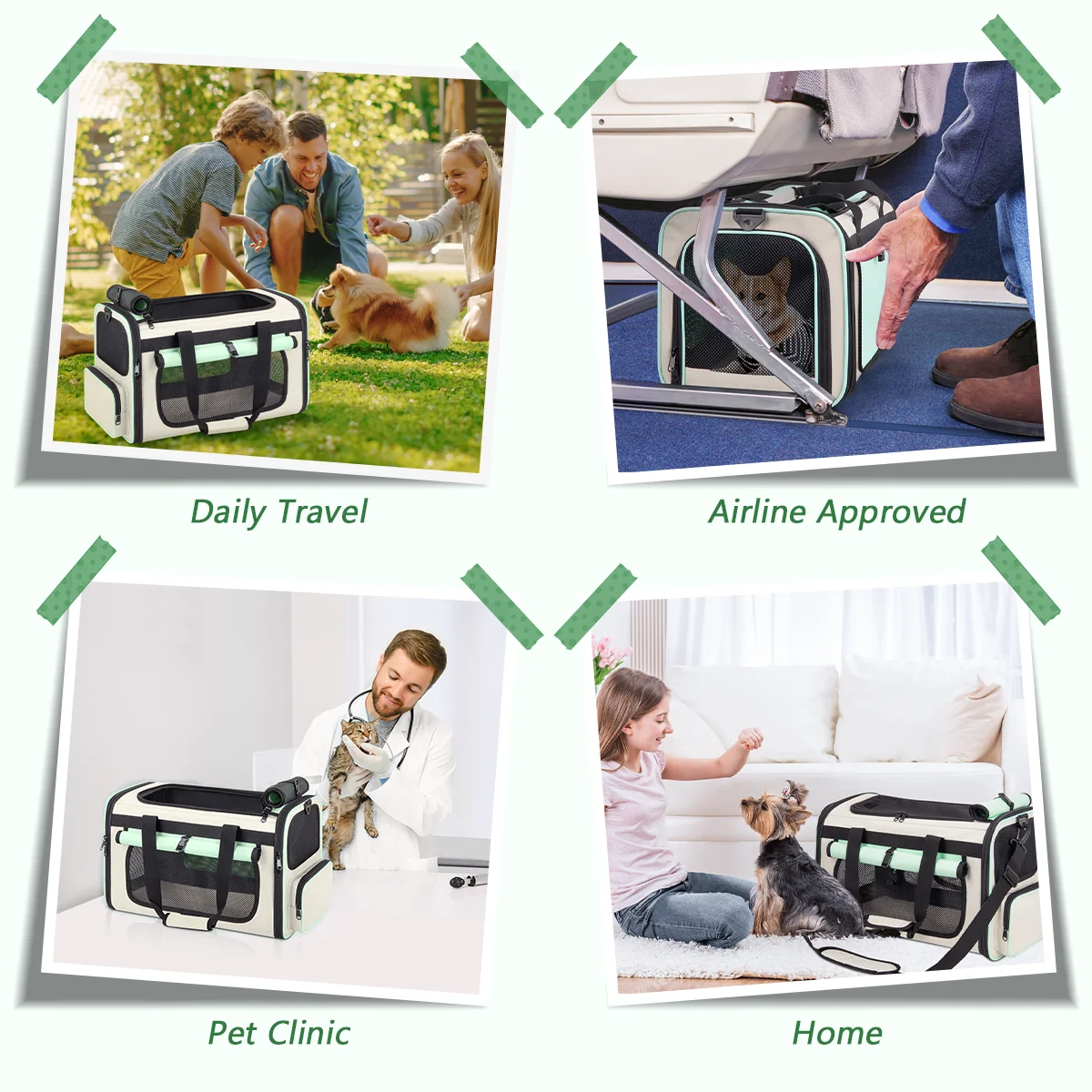 Green Collapsible Airline Approved Cat Carrier for Large Cats and Small Dogs, Soft-Sided Travel Carrier with Breathable Mesh Design