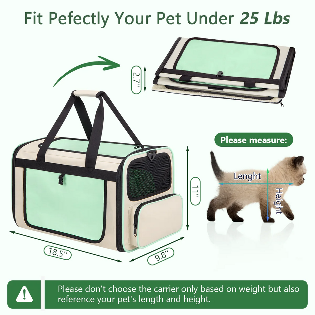 Green Collapsible Airline Approved Cat Carrier for Large Cats and Small Dogs, Soft-Sided Travel Carrier with Breathable Mesh Design