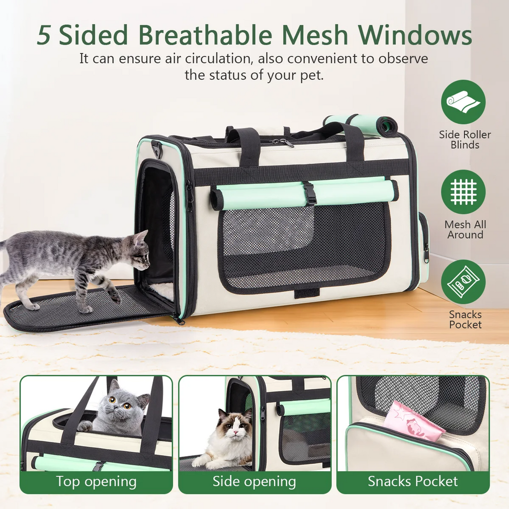 Green Collapsible Airline Approved Cat Carrier for Large Cats and Small Dogs, Soft-Sided Travel Carrier with Breathable Mesh Design