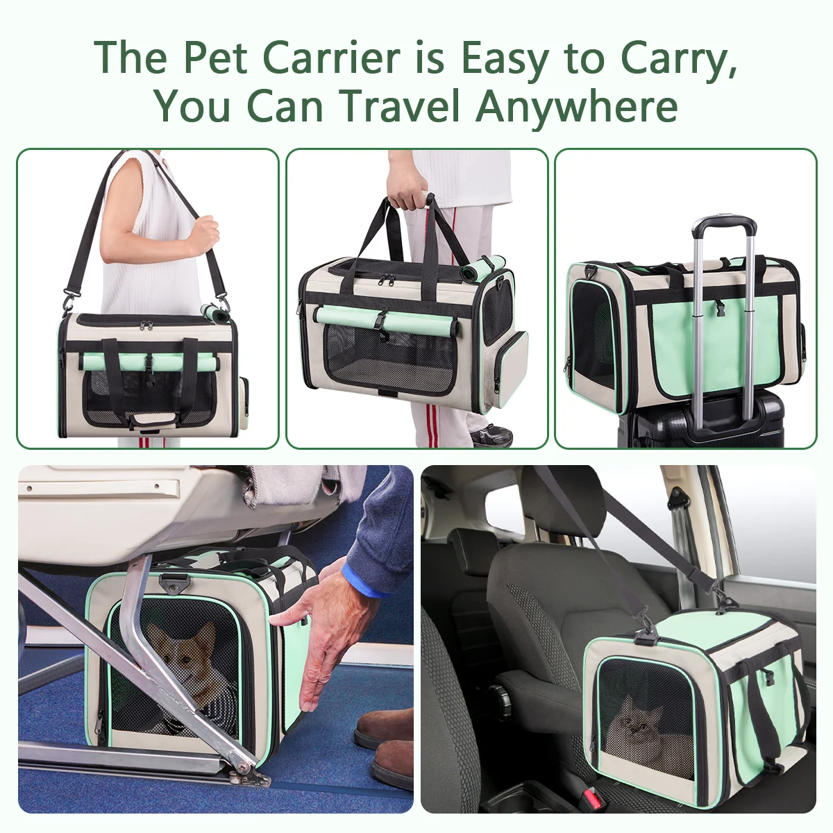 Green Collapsible Airline Approved Cat Carrier for Large Cats and Small Dogs, Soft-Sided Travel Carrier with Breathable Mesh Design
