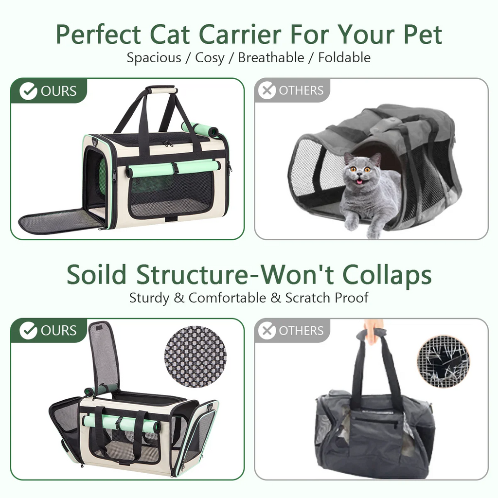 Green Collapsible Airline Approved Cat Carrier for Large Cats and Small Dogs, Soft-Sided Travel Carrier with Breathable Mesh Design